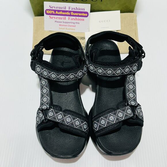 Gucci Run 10/US 10.5 Touch Strap Sandals Square G Jacquard Canvas Black NIB $970 - Picture 7 of 12